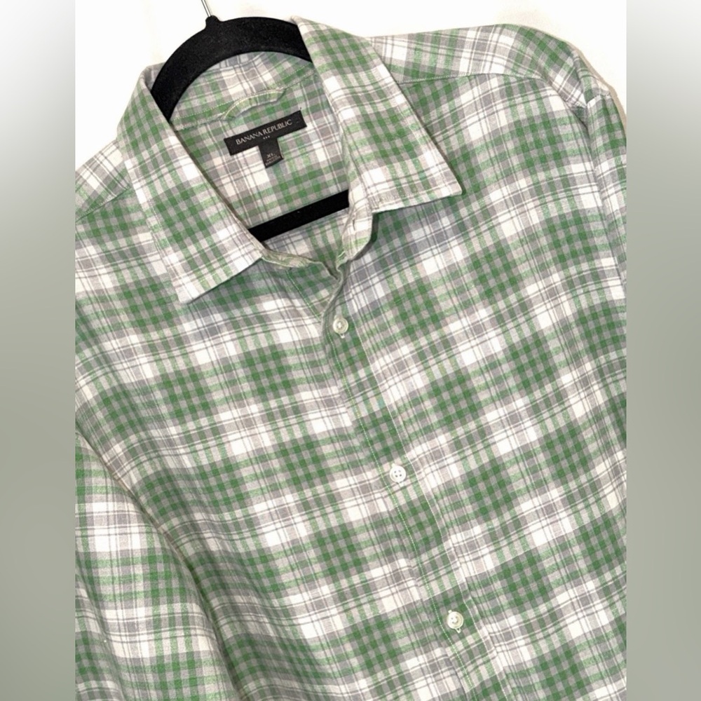 Banana Republic Long Sleeve Button Front Linen Blend Shirt Green Gray Mens XL